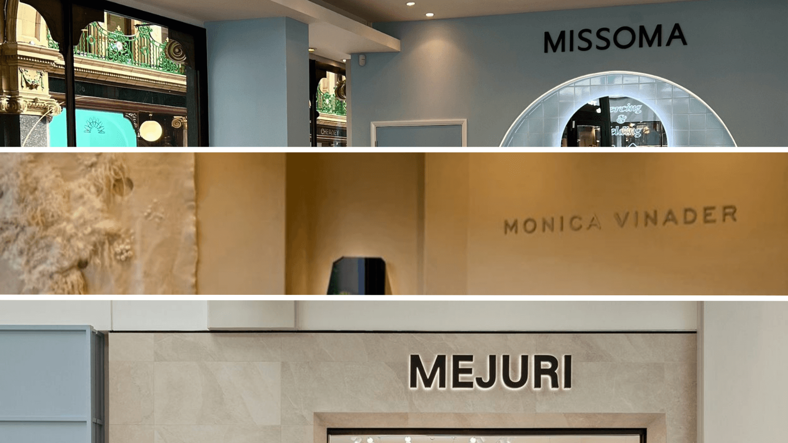 Missoma, Monica Vinader, and Mejuri store frontages — the three demi-fine jewellery brands compared