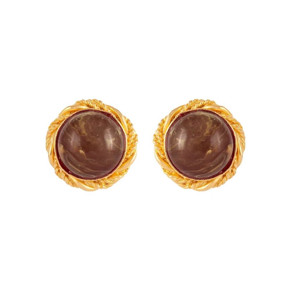 Round brown lucite cabochon clip-on earrings in a rope-textured gold-plated border