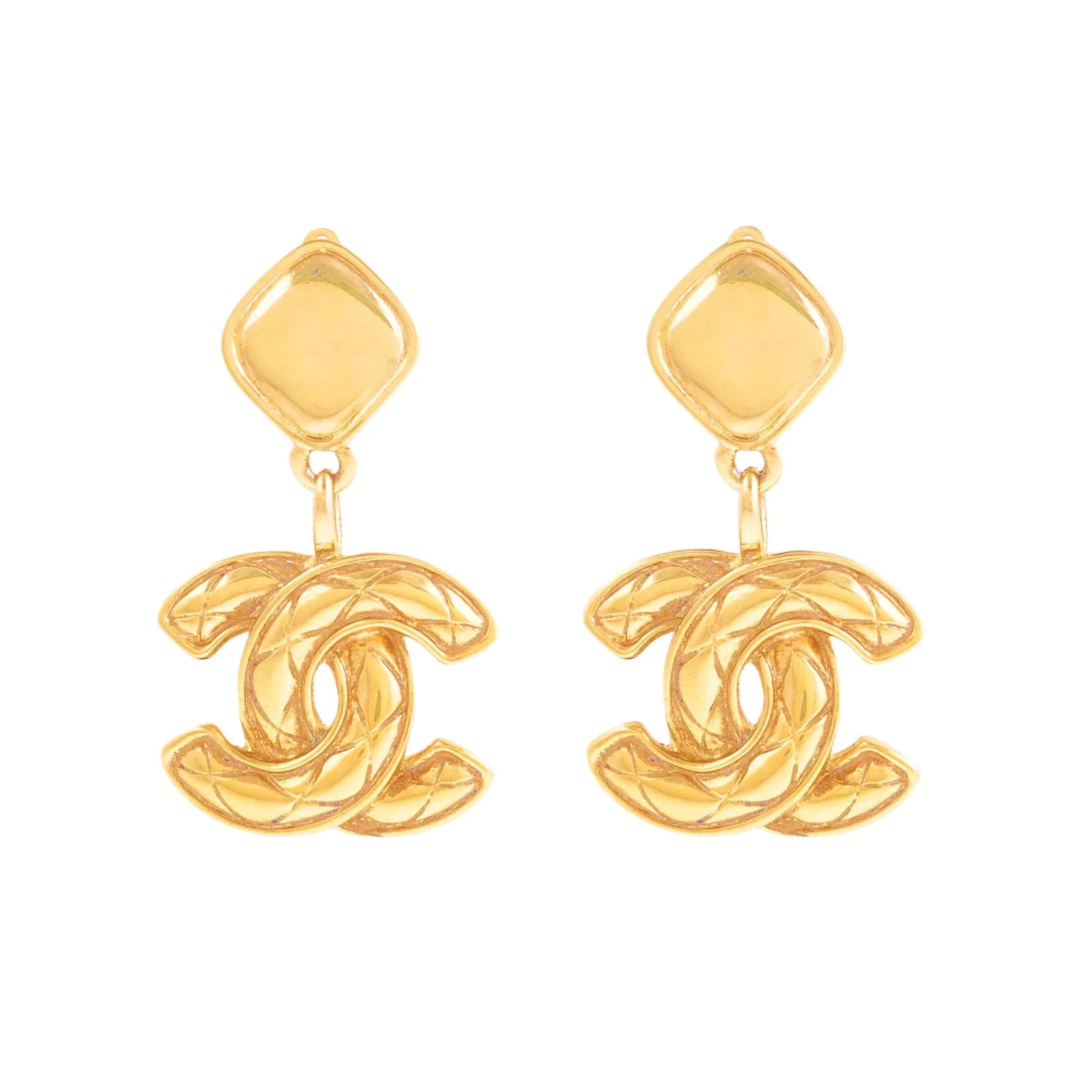 Large gold-plated Chanel clip-on earrings with a quilted CC medallion drop
