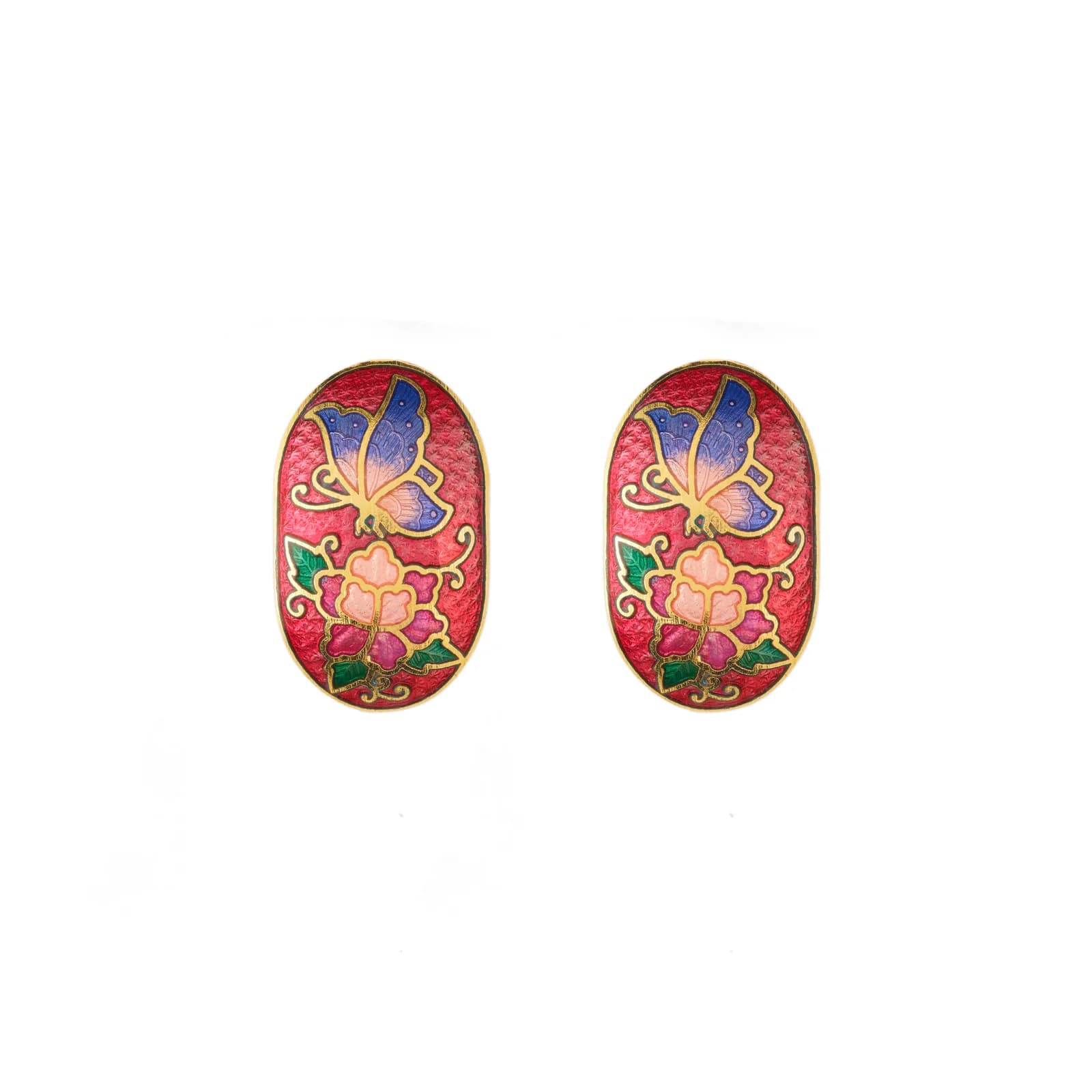 Gold-plated demi hoop clip-on earrings with blue cloisonné enamel flowers and butterflies