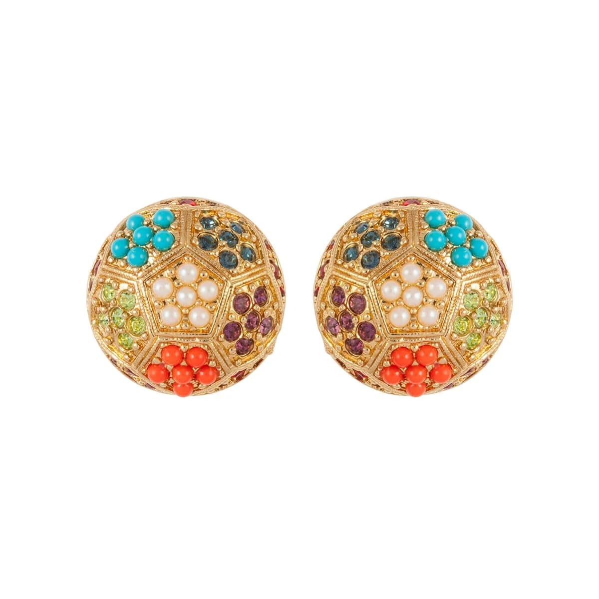 Round D'Orlan clip-on earrings with faux coral, pearl and turquoise cabochons and crystals